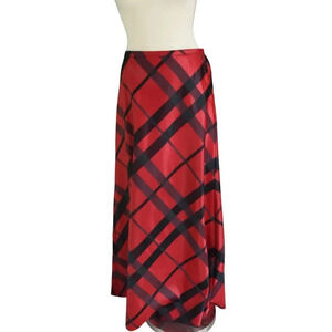 Victor Costa Red & Black Plaid Satin Formal Full Maxi Skirt Size Medium Academia